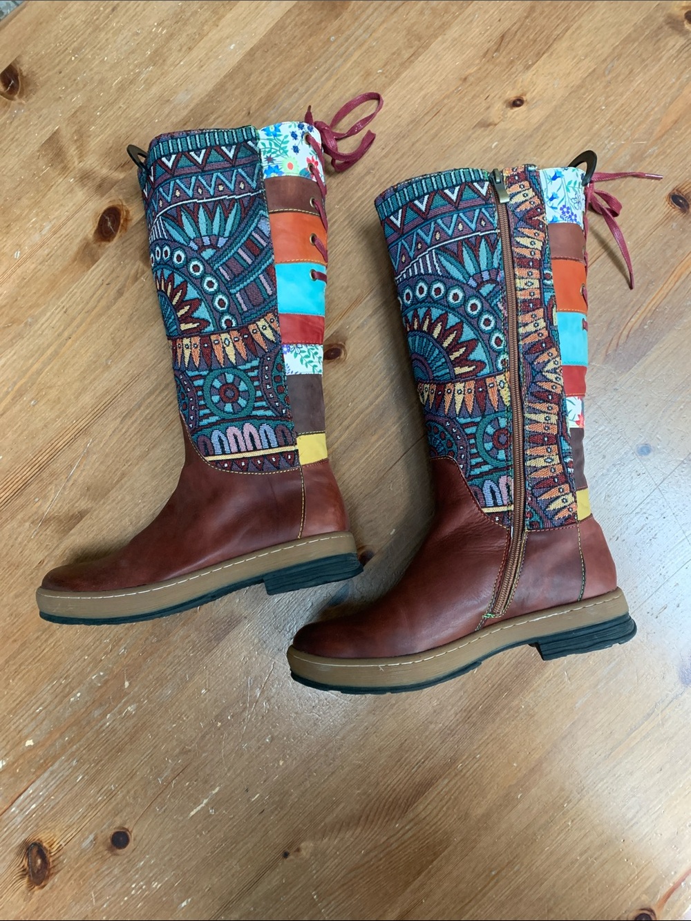Women's Boho Brown Leather Boots with Teal Patterned Shaft - Picture 3 of 10